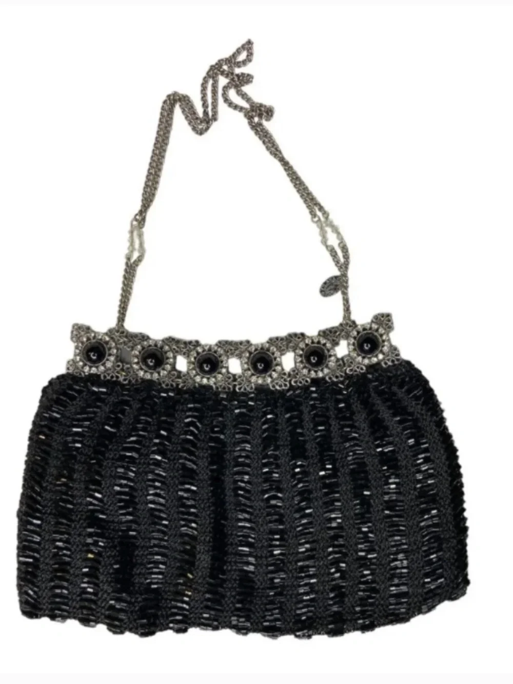 Vintage CLARA KASAVINA Crystal & Bead Embellished Black Knit Evening Bag Clutch